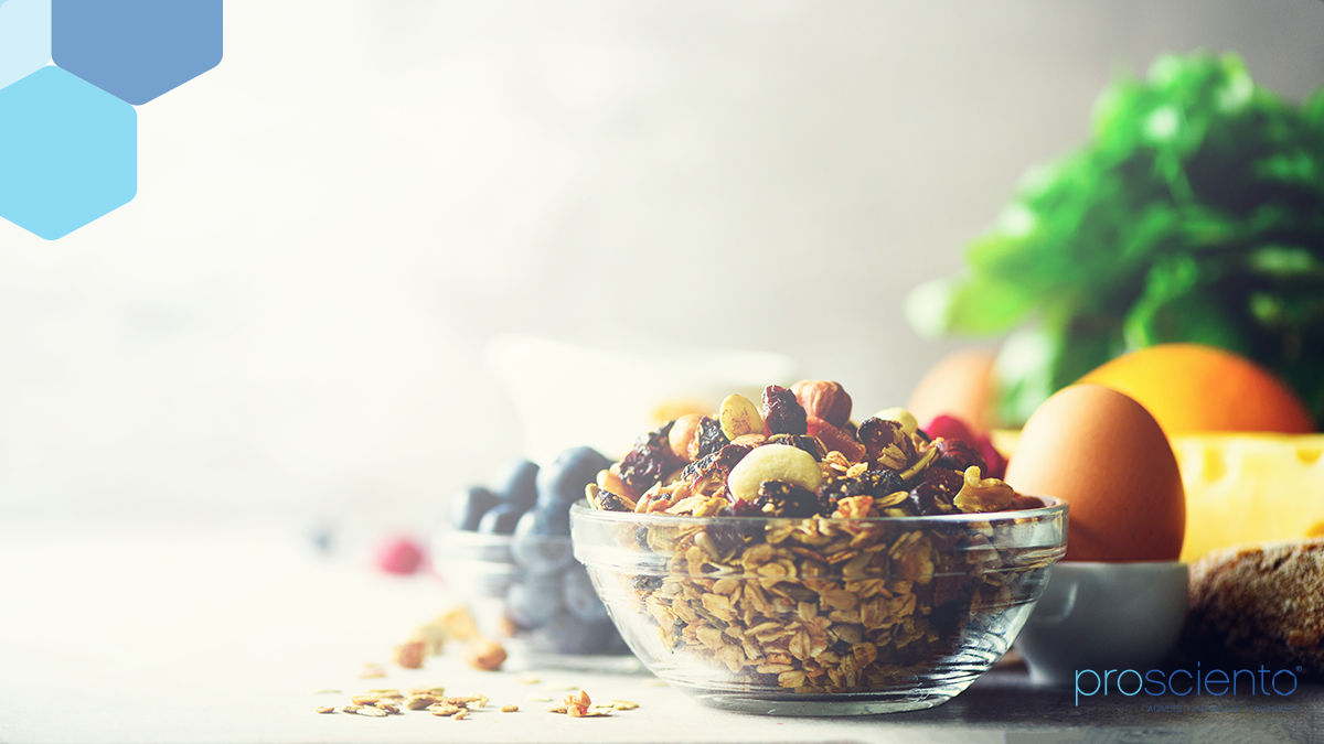 healthy snacks like granola mix, blueberries, kale, and eggs